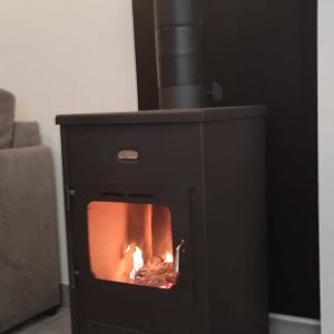 Poêle à bois installé dans une maison individuelle en Île-de-France avec conduit acier noir